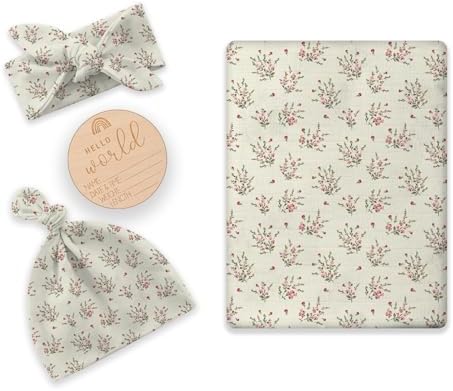 Newborn Swaddle Set with Matching Hat and Headband Bow, Wooden Birth by BabyWhale