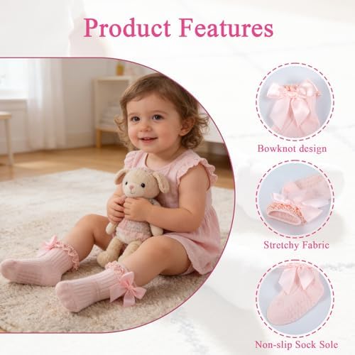 Baby Girl Socks, Ruffle Grip Bows, Toddler Newborn Infant, 6 Pairs - Image 5