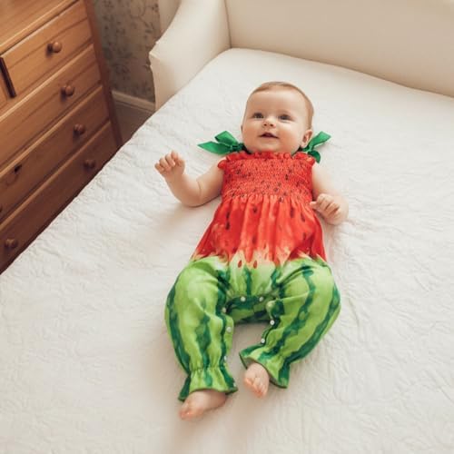 Baby Girl Watermelon Outfit Sleeveless Bubble Romper Strawberry Print Smocked - Image 4