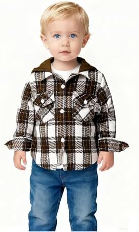 YOUNGER STAR Toddler Kids Boys Girls Flannel Hooded Plaid Shirt Button Baby Red - Image 2