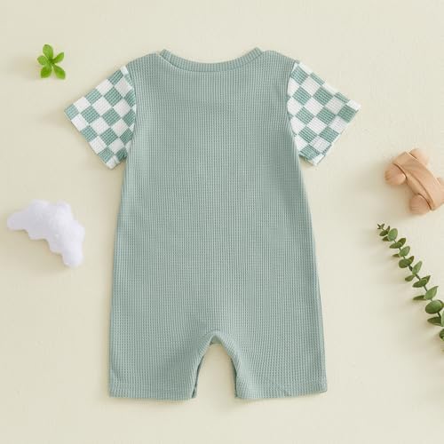 Newborn Baby Boy Girl Clothes Checkered Plaid Romper Waffle Knit Short Sleeve - Image 4