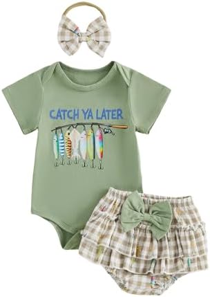 Newborn Baby Girl Fishing Outfit Fish Onesie Short Sleeve Romper Ruffle Plaid by Unknown