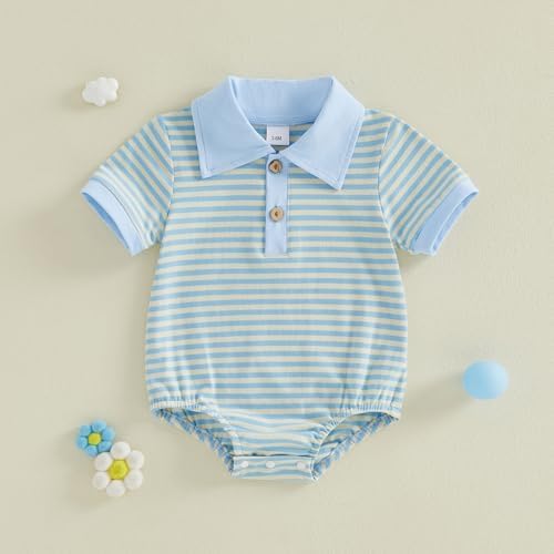 VISGOGO Baby Boy Striped Romper Waffle Short Sleeve Button Oversized Bodysuit - Image 3