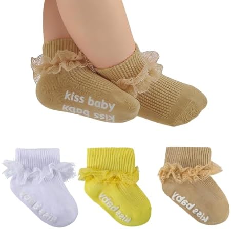 Baby Girl Ruffle Socks with Grips Lace Frilly Ankle Dress Socks by MKYSZLTSOCKS-EnjoyComfort