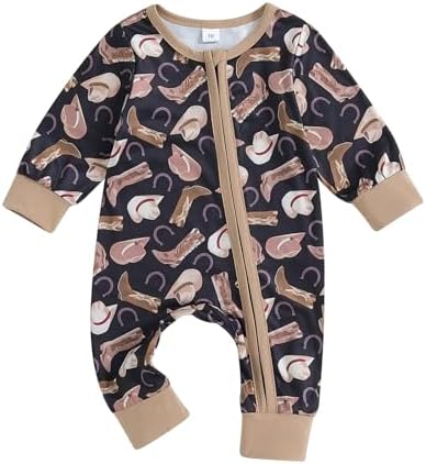 Western Baby Cowboy Clothes Neutral Zipped Fall Romper Outfit by SAYOO-Alljustforkids