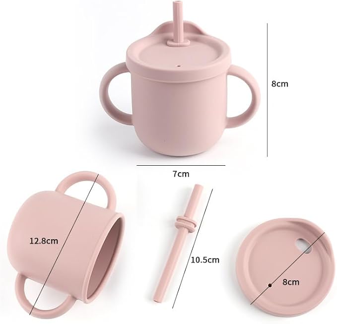 Silicone Baby Feeding Set | BPA-FREE |9 PCS Baby Led Weaning Supplies Self Feeding Utensils | Divided Suction Plate Bowl Bib Training Sippy Cup Spoon Fork (Pink)