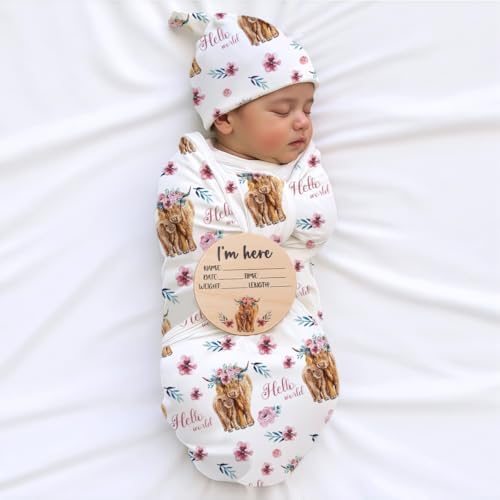Ylsteed Baby Highland Cow Swaddle Blanket and Headband Set, Newborn Receiving by Ylsteed