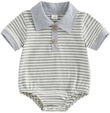VISGOGO Baby Boy Striped Romper Waffle Short Sleeve Button Oversized Bodysuit by VISGOGO