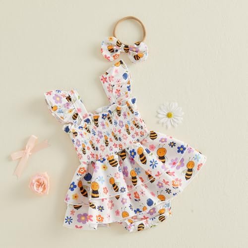 Newborn Baby Girls Summer Clothes Ruffle Sleeveless Pleated Smocked Bubble - Image 5