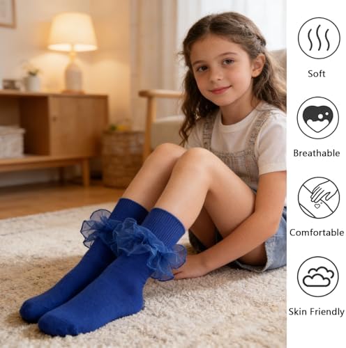 Girls Ruffle Socks Double Lace Turn Cuff Frilly Church Dress Socks - Image 4