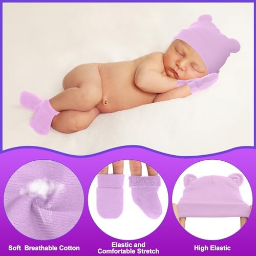 Cuffbow 4 Pcs Preemie Baby Hats Mittens and Socks Set Newborn Cotton Warm Socks - Image 5