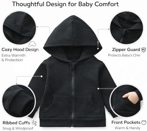 ROMPERINBOX Unisex Solid Baby Sweatshirts Hoodies, Lightweight Full Zip-up - Image 4