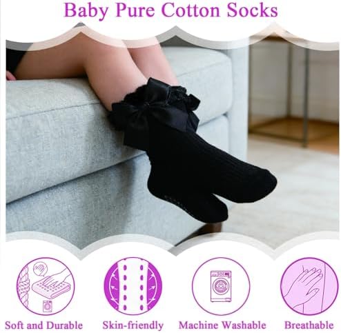 Baby Girl Socks, Ruffle Grip Bows, Toddler Newborn Infant, 6 Pairs - Image 3