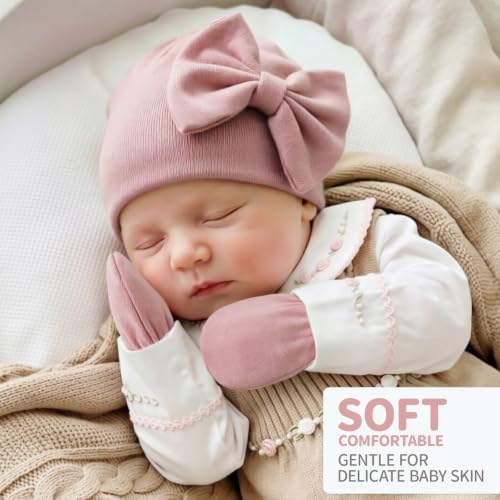 BQUBO Newborn Girls Hats Baby Hat and Mittens Set Infant Caps Bow Hospital - Image 2