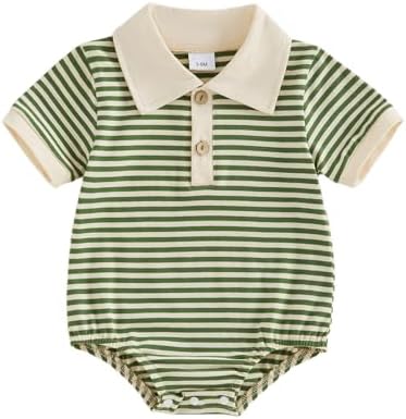 VISGOGO Baby Boy Striped Romper Waffle Short Sleeve Button Oversized Bodysuit by VISGOGO