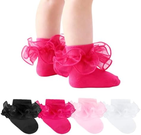 Baby Girls Ruffle Socks Double Layer Lace Turn Cuff Dress Socks by Dioxay