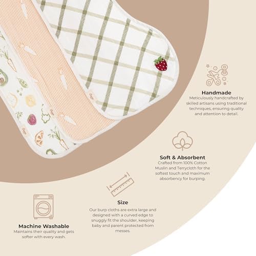 Crane Baby Clementine Cotton Muslin Burp Cloth Set of 3, Fruits & Veggie Print - Image 2