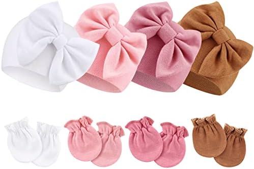 Newborn Baby Hats and Mittens Set Infant Bow Beanie Cap Toddler Gloves Newborn by AQOKKA