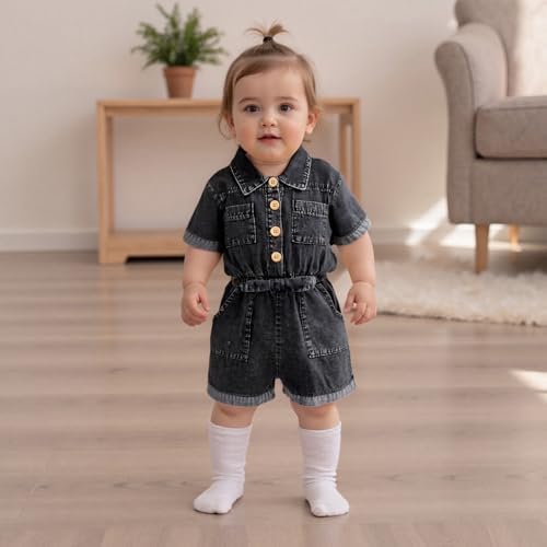 Baby Girl Denim Outfit Button Romper Jean Jumpsuit Shorts Overalls Toddler - Image 3