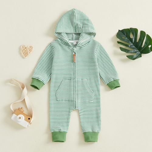 Newborn Infant Baby Boy Clothes Striped Waffle Knit Long Sleeve Zipper Hooded - Image 5