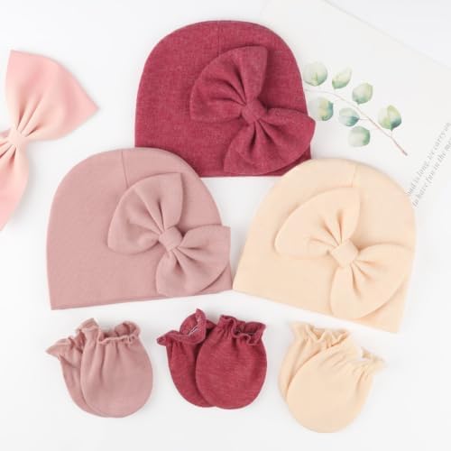 BQUBO Newborn Girls Hats Baby Hat and Mittens Set Infant Caps Bow Hospital - Image 7