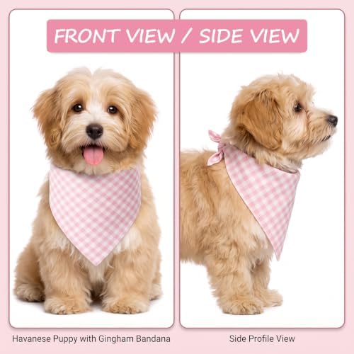 Pink Gingham Dog Bandana, Cotton Linen Adjustable Triangle Dog Scarf Plaid Pet - Image 4