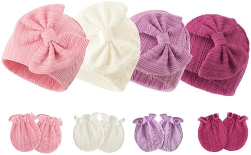 Newborn Baby Hats and Mittens Set Infant Bow Beanie Cap Toddler Gloves Newborn by AQOKKA