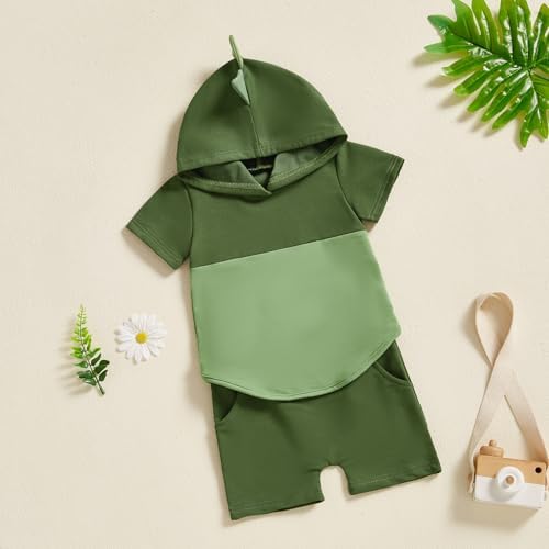 Toddler Baby Boy Hooded Dinosaur Summer Outfit Funny T-Shirt Shorts Set - Image 2