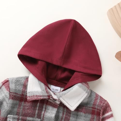 YOUNGER STAR Toddler Kids Boys Girls Flannel Hooded Plaid Shirt Button Baby Red - Image 5