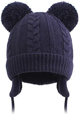Duoyeree Toddler Winter Hat, Earflap Double Pom Pom Knit Beanie 0-36M by Duoyeree