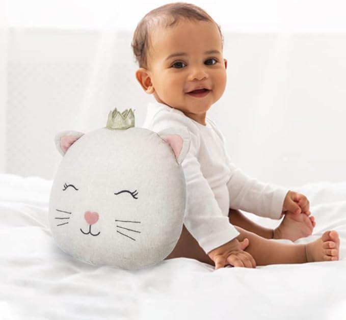 MON AMI Linen Kitty Accent Décor Pillow - 12”x 11”, Plush Cat Cuddle Cushion,Decorative Throw Pillow for Child’s Nursery,Bed or Couch, Cute Room Décor