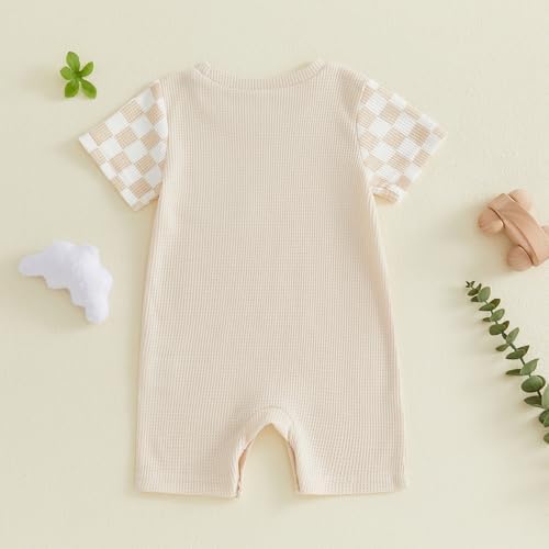 Newborn Baby Boy Girl Clothes Checkered Plaid Romper Waffle Knit Short Sleeve - Image 4
