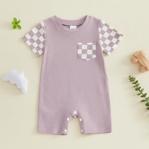 Newborn Baby Boy Girl Clothes Checkered Plaid Romper Waffle Knit Short Sleeve - Image 3