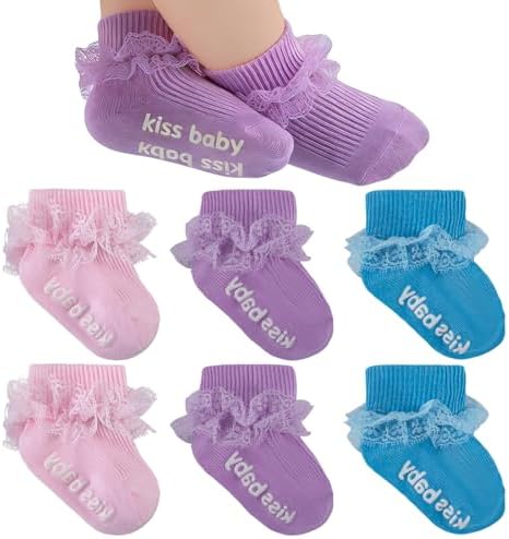 Baby Girl Ruffle Socks with Grips Lace Frilly Ankle Dress Socks by MKYSZLTSOCKS-EnjoyComfort