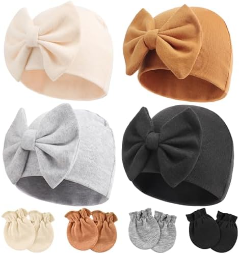 Newborn Baby Hats and Mittens Set Infant Bow Beanie Cap Toddler Gloves Newborn by AQOKKA