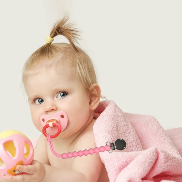 Pacifier Clip for Boys Girls - MORIBOX 4 Pack Paci Clip Soothie Baby Binky Holder for Shower Gift Birthday (Beige+White+Pink+Dpink)