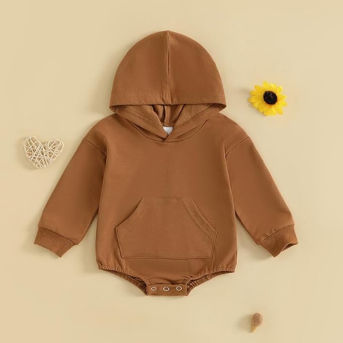 Newborn Baby Girl Boy Hoodie Romper Solid Long Sleeve Hooded Sweatshirt - Image 6