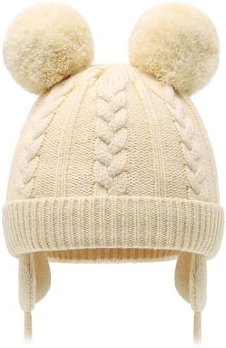 Duoyeree Toddler Winter Hat, Earflap Double Pom Pom Knit Beanie 0-36M by Duoyeree