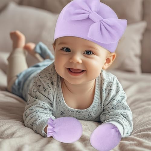 Newborn Baby Hats Mittens Sets Bow Infant Caps Gloves No Scratch Mitten Beanie - Image 4