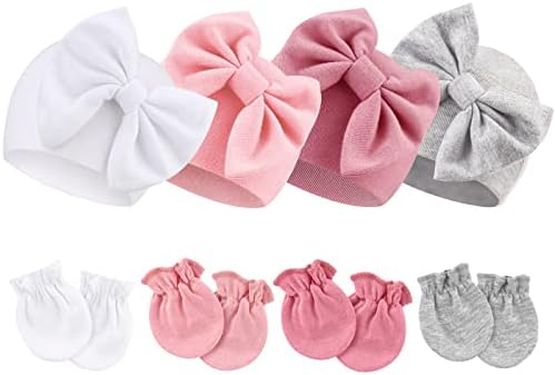 Newborn Baby Hats and Mittens Set Infant Bow Beanie Cap Toddler Gloves Newborn by AQOKKA