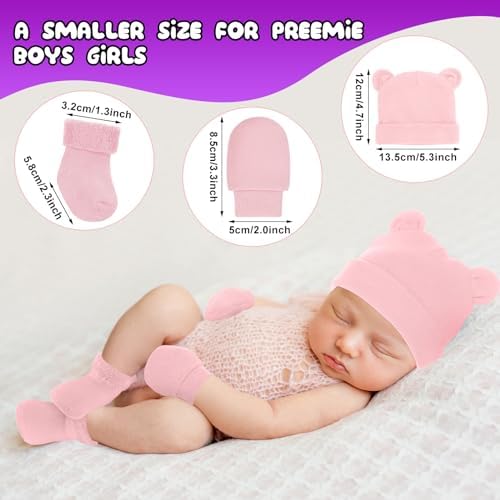 Cuffbow 4 Pcs Preemie Baby Hats Mittens and Socks Set Newborn Cotton Warm Socks - Image 3