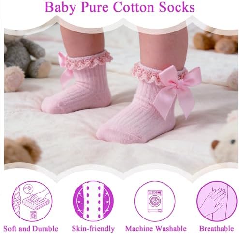 Baby Girl Socks, Ruffle Grip Bows, Toddler Newborn Infant, 6 Pairs - Image 4