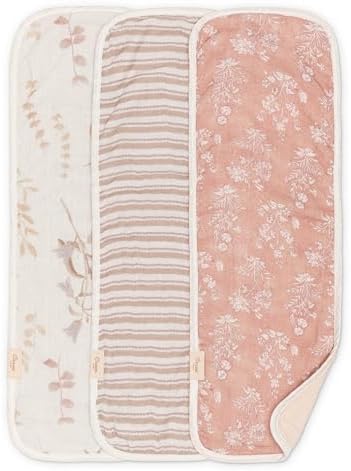 Crane Baby Violet Floral Cotton Muslin Burp Cloth Set, 3 Pack Baby Girl Burp by CraneBaby