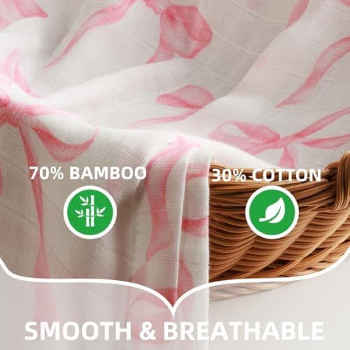 2 Pack Pink Bow Muslin Swaddle Blankets 70% Bambo 30% Cotton Breathable - Image 5