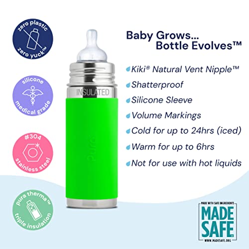 Pura Kiki 7oz Stainless Steel Insulated Infant Bottle – Includes Silicone Medium-Flow Nipple & Sleeve – Anti-Colic, Plastic-Free, MadeSafe Certified