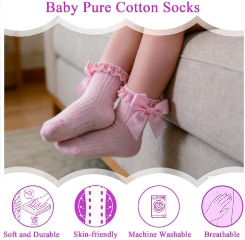 Baby Girl Socks, Ruffle Grip Bows, Toddler Newborn Infant, 6 Pairs - Image 4