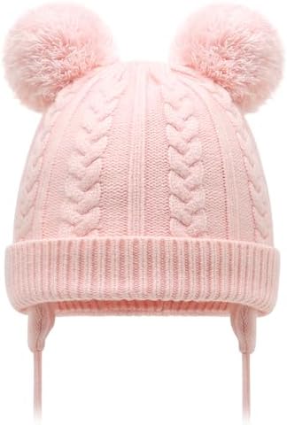 Duoyeree Toddler Winter Hat, Earflap Double Pom Pom Knit Beanie 0-36M by Duoyeree