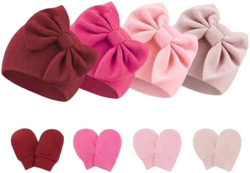 Newborn Baby Hats and Mittens Set Infant Bow Beanie Cap Toddler Gloves Newborn by AQOKKA