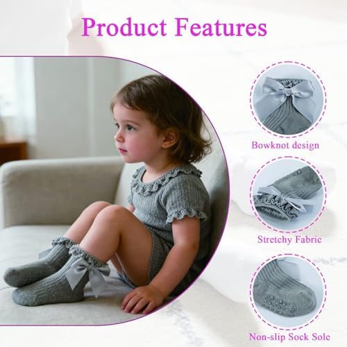 Baby Girl Socks, Ruffle Grip Bows, Toddler Newborn Infant, 6 Pairs - Image 4