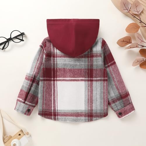 YOUNGER STAR Toddler Kids Boys Girls Flannel Hooded Plaid Shirt Button Baby Red - Image 3